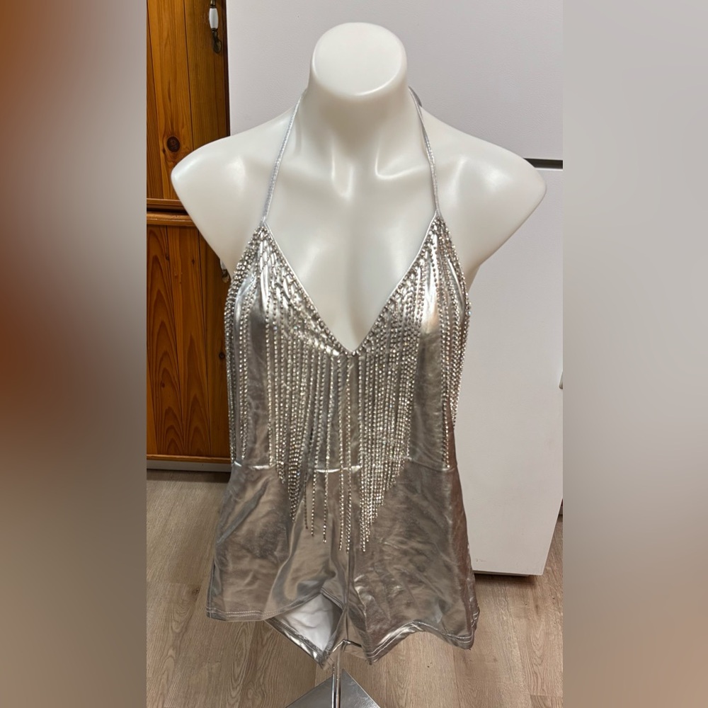 Dolls Kill Silver Halter Dress with a Jewel Chain Fringe